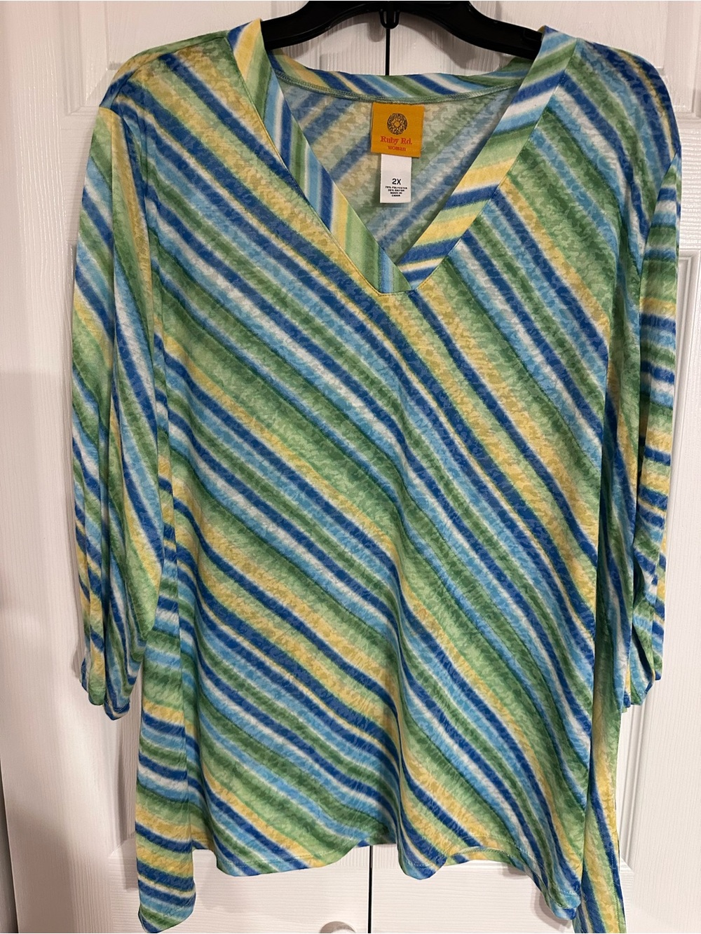 Ruby Rd. V-Neck Striped Top in Blue, Green & Yellow Size 2XL NWOT
